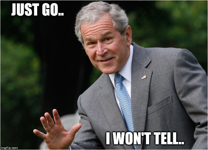 Bush - Go Ahead, I won't tell | JUST GO.. I WON'T TELL.. | image tagged in bush - go ahead i won't tell | made w/ Imgflip meme maker