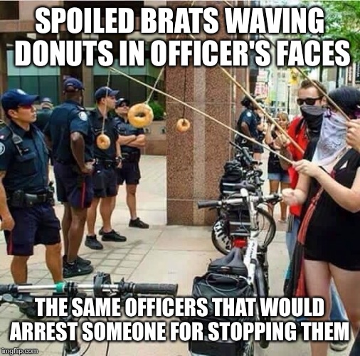 Police | SPOILED BRATS WAVING DONUTS IN OFFICER'S FACES; THE SAME OFFICERS THAT WOULD ARREST SOMEONE FOR STOPPING THEM | image tagged in police lives matter | made w/ Imgflip meme maker