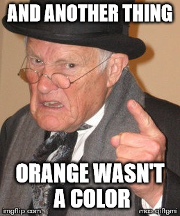 Back In My Day - And Another Thing | AND ANOTHER THING ORANGE WASN'T A COLOR | image tagged in back in my day - and another thing | made w/ Imgflip meme maker