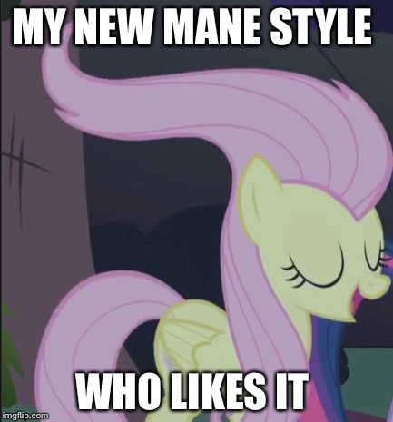 A new mane style | MY NEW MANE STYLE; WHO LIKES IT | image tagged in anime be like,fluttershy,my little pony | made w/ Imgflip meme maker