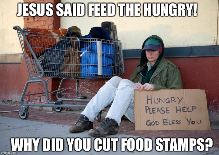 homeless woman with sign | JESUS SAID FEED THE HUNGRY! WHY DID YOU CUT FOOD STAMPS? | image tagged in homeless woman with sign | made w/ Imgflip meme maker