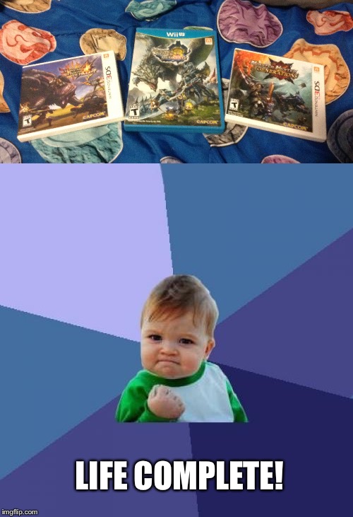 The games are Monster Hunter 3U (Wii u), 4U (3DS), And Generations (3DS) | LIFE COMPLETE! | image tagged in monster hunter,success kid,life complete | made w/ Imgflip meme maker