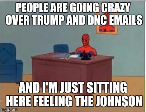 Spiderman Computer Desk Meme | PEOPLE ARE GOING CRAZY OVER TRUMP AND DNC EMAILS; AND I'M JUST SITTING HERE FEELING THE JOHNSON | image tagged in memes,spiderman computer desk,spiderman | made w/ Imgflip meme maker