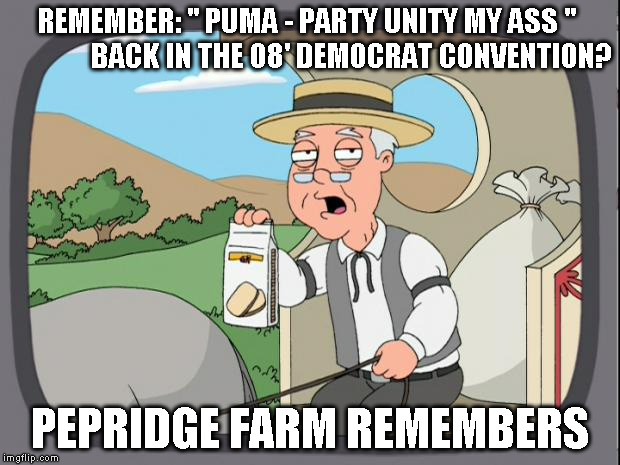 Pepridge farms | REMEMBER: " PUMA - PARTY UNITY MY ASS "               BACK IN THE 08' DEMOCRAT CONVENTION? PEPRIDGE FARM REMEMBERS | image tagged in pepridge farms | made w/ Imgflip meme maker