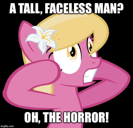 MLP: Lily's Horror | A TALL, FACELESS MAN? OH, THE HORROR! | image tagged in mlp lily's horror | made w/ Imgflip meme maker