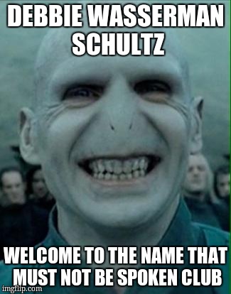 Voldemort Grin | DEBBIE WASSERMAN SCHULTZ; WELCOME TO THE NAME THAT MUST NOT BE SPOKEN CLUB | image tagged in voldemort grin | made w/ Imgflip meme maker