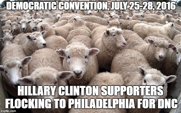 What the Flock in Philly? | DEMOCRATIC CONVENTION, JULY 25-28, 2016; HILLARY CLINTON SUPPORTERS FLOCKING TO PHILADELPHIA FOR DNC | image tagged in hillary clinton,democratic convention,flock,sheep,sheeple | made w/ Imgflip meme maker