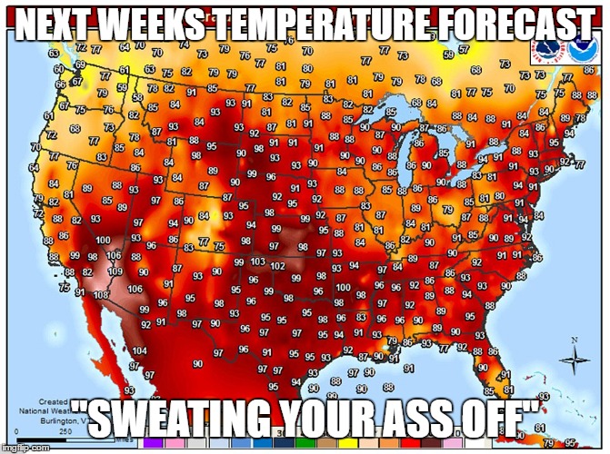 Too Fckn Hot | NEXT WEEKS TEMPERATURE FORECAST; "SWEATING YOUR ASS OFF" | image tagged in hot,sweaty,funny memes,america,weather | made w/ Imgflip meme maker