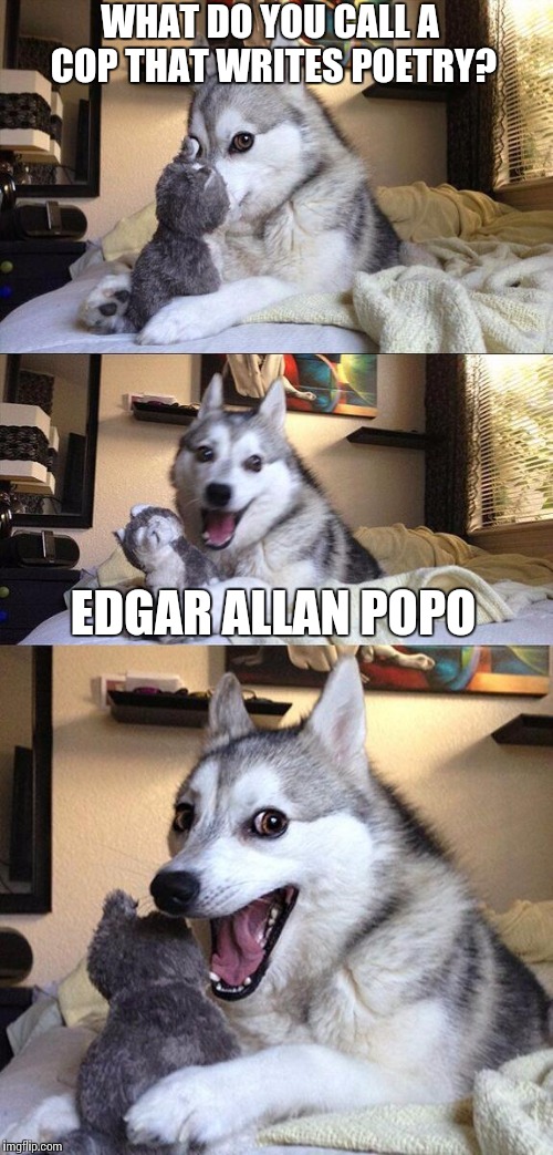 Police stop the puns! | WHAT DO YOU CALL A COP THAT WRITES POETRY? EDGAR ALLAN POPO | image tagged in memes,bad pun dog,police | made w/ Imgflip meme maker