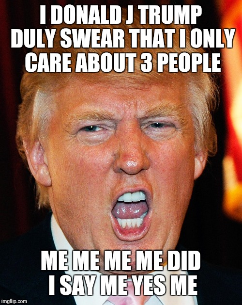 Donald Trump I Will Duck You Up | I DONALD J TRUMP DULY SWEAR THAT I ONLY CARE ABOUT 3 PEOPLE; ME ME ME ME DID I SAY ME YES ME | image tagged in donald trump i will duck you up | made w/ Imgflip meme maker