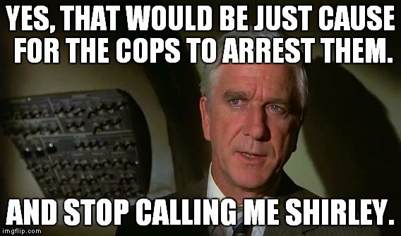 YES, THAT WOULD BE JUST CAUSE FOR THE COPS TO ARREST THEM. AND STOP CALLING ME SHIRLEY. | made w/ Imgflip meme maker