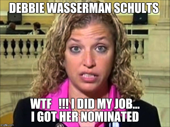 Debbie Wasserman Schultz | DEBBIE WASSERMAN SCHULTS; WTF   !!! I DID MY JOB... I GOT HER NOMINATED | image tagged in debbie wasserman schultz | made w/ Imgflip meme maker