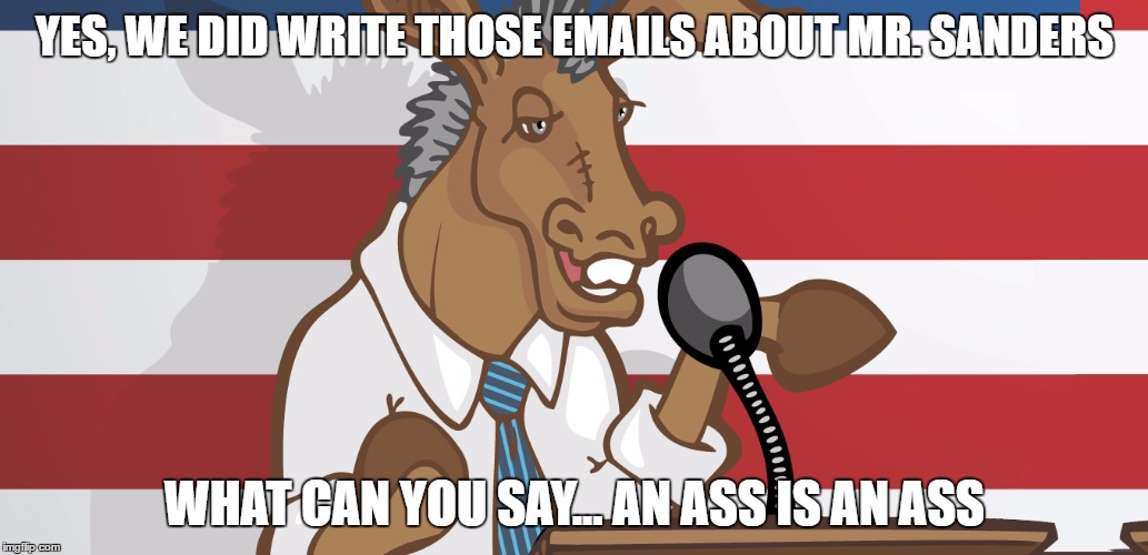 dnc | YES, WE DID WRITE THOSE EMAILS ABOUT MR. SANDERS; WHAT CAN YOU SAY... AN ASS IS AN ASS | image tagged in dnc | made w/ Imgflip meme maker