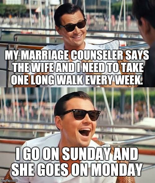 Leonardo Dicaprio Wolf Of Wall Street | MY MARRIAGE COUNSELER SAYS THE WIFE AND I NEED TO TAKE ONE LONG WALK EVERY WEEK. I GO ON SUNDAY AND SHE GOES ON MONDAY | image tagged in memes,leonardo dicaprio wolf of wall street | made w/ Imgflip meme maker