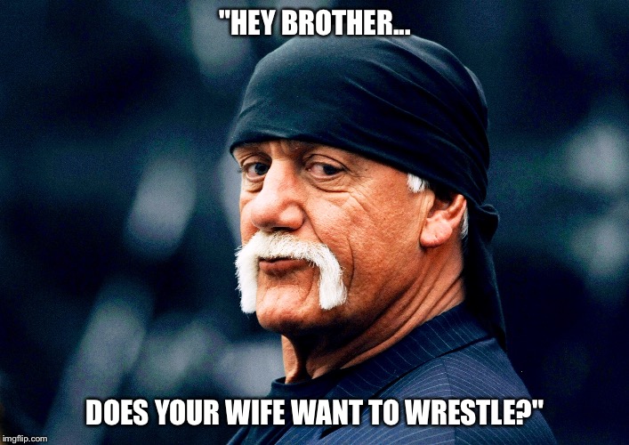 Hogan knows best... | "HEY BROTHER... DOES YOUR WIFE WANT TO WRESTLE?" | image tagged in hulk,hulk hogan,wrestling,pro wrestling,wwe | made w/ Imgflip meme maker