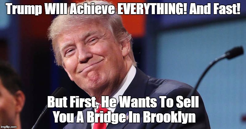 Trump WIll Achieve EVERYTHING! And Fast! But First, He Wants To Sell You A Bridge In Brooklyn | made w/ Imgflip meme maker