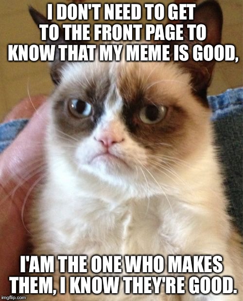 This will be so ironic if it makes it to the front page... | I DON'T NEED TO GET TO THE FRONT PAGE TO KNOW THAT MY MEME IS GOOD, I'AM THE ONE WHO MAKES THEM, I KNOW THEY'RE GOOD. | image tagged in memes,grumpy cat | made w/ Imgflip meme maker