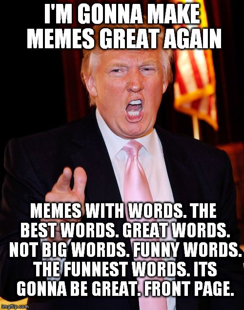 Trump going on |  I'M GONNA MAKE MEMES GREAT AGAIN; MEMES WITH WORDS. THE BEST WORDS. GREAT WORDS. NOT BIG WORDS. FUNNY WORDS. THE FUNNEST WORDS. ITS GONNA BE GREAT. FRONT PAGE. | image tagged in trump going on | made w/ Imgflip meme maker