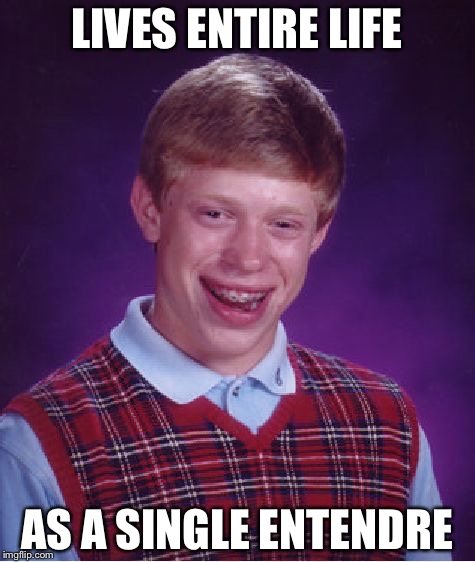 Bad Luck Brian Meme | LIVES ENTIRE LIFE AS A SINGLE ENTENDRE | image tagged in memes,bad luck brian | made w/ Imgflip meme maker