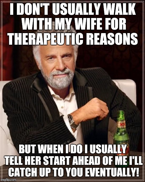 The Most Interesting Man In The World Meme | I DON'T USUALLY WALK WITH MY WIFE FOR THERAPEUTIC REASONS BUT WHEN I DO I USUALLY TELL HER START AHEAD OF ME I'LL CATCH UP TO YOU EVENTUALLY | image tagged in memes,the most interesting man in the world | made w/ Imgflip meme maker