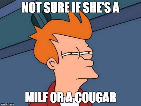 Futurama Fry | NOT SURE IF SHE'S A; MILF OR A COUGAR | image tagged in memes,futurama fry | made w/ Imgflip meme maker
