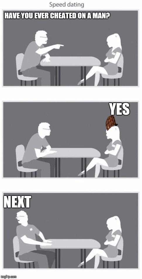 Speed dating | HAVE YOU EVER CHEATED ON A MAN? YES; NEXT | image tagged in speed dating,scumbag,the cheater | made w/ Imgflip meme maker