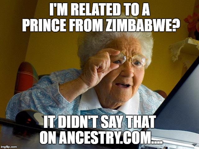 Grandma Finds The Internet | I'M RELATED TO A PRINCE FROM ZIMBABWE? IT DIDN'T SAY THAT ON ANCESTRY.COM.... | image tagged in memes,grandma finds the internet | made w/ Imgflip meme maker