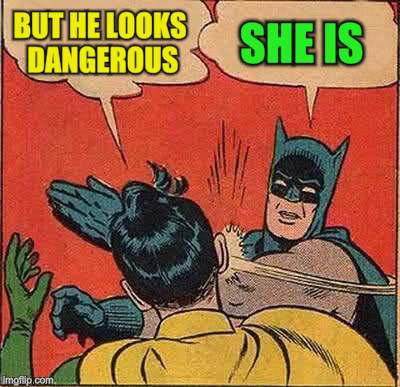 Batman Slapping Robin Meme | BUT HE LOOKS DANGEROUS SHE IS | image tagged in memes,batman slapping robin | made w/ Imgflip meme maker