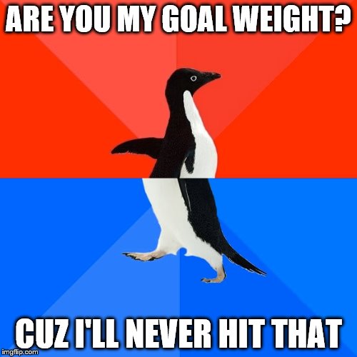 Socially Awesome Awkward Penguin Meme | ARE YOU MY GOAL WEIGHT? CUZ I'LL NEVER HIT THAT | image tagged in memes,socially awesome awkward penguin,AdviceAnimals | made w/ Imgflip meme maker