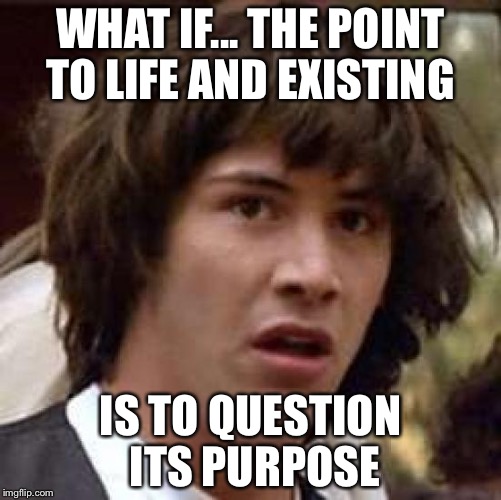 Conspiracy Keanu Meme | WHAT IF... THE POINT TO LIFE AND EXISTING; IS TO QUESTION ITS PURPOSE | image tagged in memes,conspiracy keanu | made w/ Imgflip meme maker