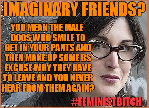 feminist Zeisler | IMAGINARY FRIENDS? #FEMINISTB**CH YOU MEAN THE MALE DOGS WHO SMILE TO GET IN YOUR PANTS AND THEN MAKE UP SOME BS EXCUSE WHY THEY HAVE TO LEA | image tagged in feminist zeisler | made w/ Imgflip meme maker
