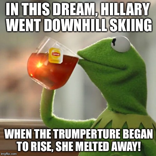 Ding Dong Goner! | IN THIS DREAM, HILLARY WENT DOWNHILL SKIING; WHEN THE TRUMPERTURE BEGAN TO RISE, SHE MELTED AWAY! | image tagged in memes,but thats none of my business,kermit the frog | made w/ Imgflip meme maker