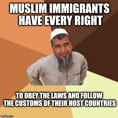 Islam .... |  MUSLIM IMMIGRANTS HAVE EVERY RIGHT; TO OBEY THE LAWS AND FOLLOW THE CUSTOMS OF THEIR HOST COUNTRIES | image tagged in memes,ordinary muslim man,immigrant,islam,radical islam | made w/ Imgflip meme maker