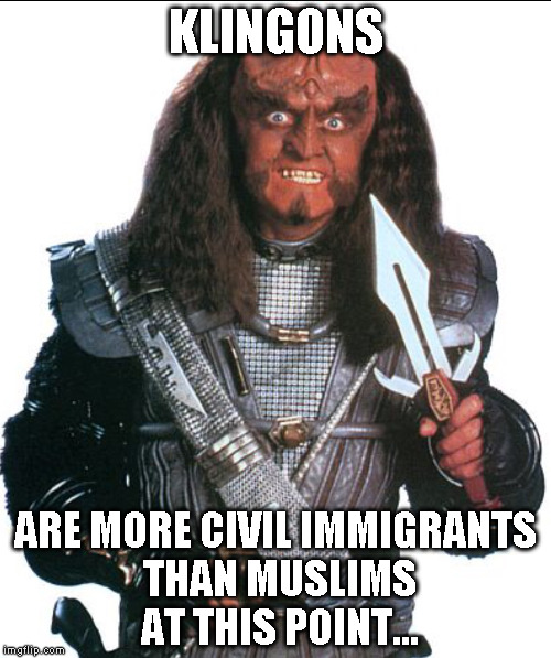 KLINGONS; ARE MORE CIVIL IMMIGRANTS THAN MUSLIMS AT THIS POINT... | image tagged in klingon warrior | made w/ Imgflip meme maker