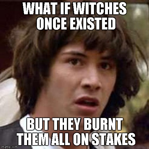 Conspiracy Keanu | WHAT IF WITCHES ONCE EXISTED; BUT THEY BURNT THEM ALL ON STAKES | image tagged in memes,conspiracy keanu | made w/ Imgflip meme maker