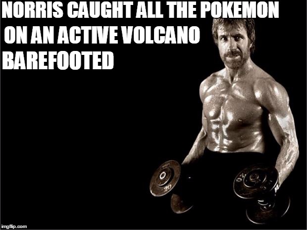 Chuck Norris Lifting | NORRIS CAUGHT ALL THE POKEMON; ON AN ACTIVE VOLCANO; BAREFOOTED | image tagged in chuck norris lifting | made w/ Imgflip meme maker