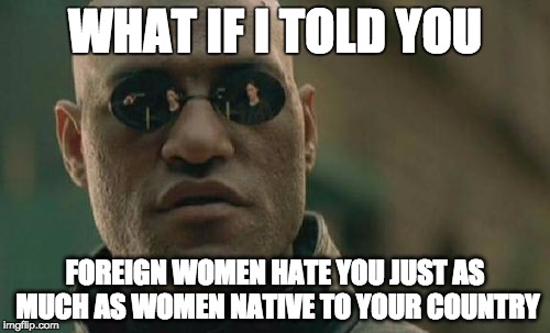 Matrix Morpheus Meme | WHAT IF I TOLD YOU; FOREIGN WOMEN HATE YOU JUST AS MUCH AS WOMEN NATIVE TO YOUR COUNTRY | image tagged in memes,matrix morpheus | made w/ Imgflip meme maker