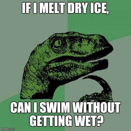 Philosoraptor | IF I MELT DRY ICE, CAN I SWIM WITHOUT GETTING WET? | image tagged in memes,philosoraptor | made w/ Imgflip meme maker