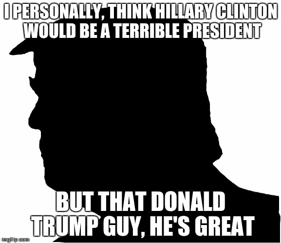 A familiar looking anonymous person giving his thoughts on the running for presidency. :D |  I PERSONALLY, THINK HILLARY CLINTON WOULD BE A TERRIBLE PRESIDENT; BUT THAT DONALD TRUMP GUY, HE'S GREAT | image tagged in anonymous trump,memes,stoopid | made w/ Imgflip meme maker