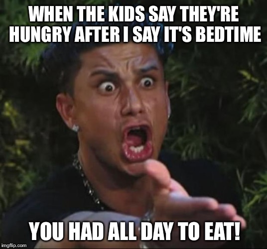 DJ Pauly D Meme | WHEN THE KIDS SAY THEY'RE HUNGRY AFTER I SAY IT'S BEDTIME; YOU HAD ALL DAY TO EAT! | image tagged in memes,dj pauly d | made w/ Imgflip meme maker