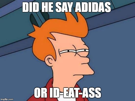 Futurama Fry | DID HE SAY ADIDAS; OR ID-EAT-ASS | image tagged in memes,futurama fry | made w/ Imgflip meme maker