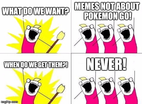 What Do We Want Meme | WHAT DO WE WANT? MEMES NOT ABOUT POKEMON GO! NEVER! WHEN DO WE GET THEM?! | image tagged in memes,what do we want | made w/ Imgflip meme maker