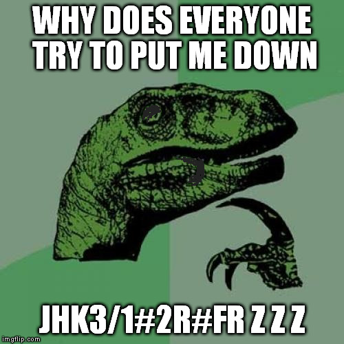 tranquil, but needs a new keyboard | WHY DOES EVERYONE TRY TO PUT ME DOWN; JHK3/1#2R#FR Z Z Z | image tagged in memes,philosoraptor | made w/ Imgflip meme maker