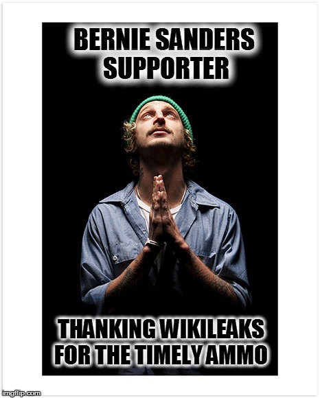 Thankful  | BERNIE SANDERS SUPPORTER; THANKING WIKILEAKS FOR THE TIMELY AMMO | image tagged in thankful | made w/ Imgflip meme maker