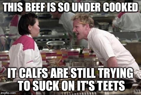 Angry Chef Gordon Ramsay | THIS BEEF IS SO UNDER COOKED; IT CALFS ARE STILL TRYING TO SUCK ON IT'S TEETS | image tagged in memes,angry chef gordon ramsay | made w/ Imgflip meme maker
