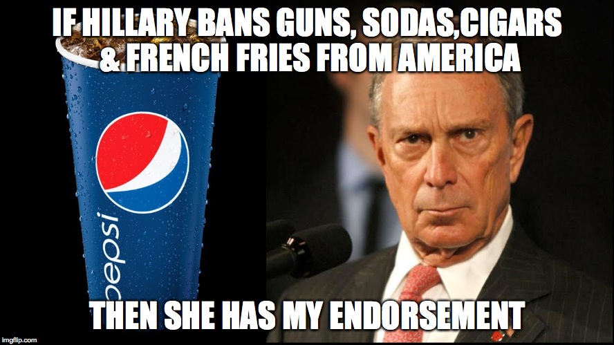 IF HILLARY BANS GUNS, SODAS,CIGARS & FRENCH FRIES FROM AMERICA; THEN SHE HAS MY ENDORSEMENT | image tagged in bloomberg | made w/ Imgflip meme maker