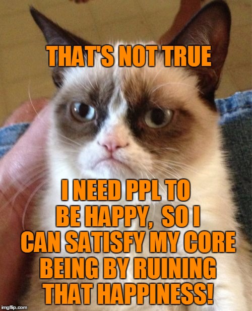 Grumpy Cat Meme | THAT'S NOT TRUE I NEED PPL TO BE HAPPY,  SO I CAN SATISFY MY CORE BEING BY RUINING THAT HAPPINESS! | image tagged in memes,grumpy cat | made w/ Imgflip meme maker