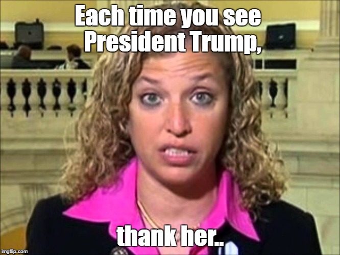 Thanks Debbie.. | Each time you see
 President Trump, thank her.. | image tagged in dws,debbie wasserman schultz,hillary,democrats,trump,bernie | made w/ Imgflip meme maker
