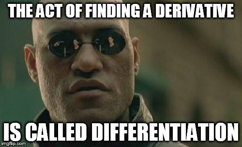 Matrix Morpheus Meme | THE ACT OF FINDING A DERIVATIVE; IS CALLED DIFFERENTIATION | image tagged in memes,matrix morpheus | made w/ Imgflip meme maker