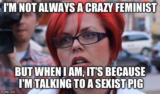 Angry Feminist | I'M NOT ALWAYS A CRAZY FEMINIST; BUT WHEN I AM, IT'S BECAUSE I'M TALKING TO A SEXIST PIG | image tagged in angry feminist | made w/ Imgflip meme maker